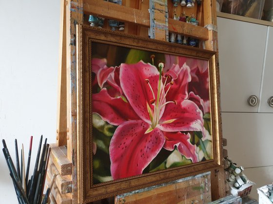 "Oh, lily ..."  pink red flower lily liGHt original painting  GIFT (2021)