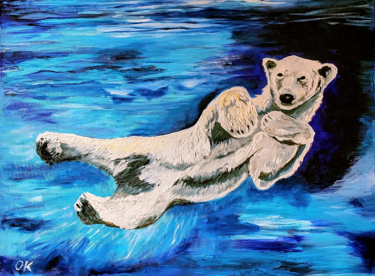 Polar bear 🻠- â„ï¸ , size 81 x 61 cm ( 32 x 24 inches)cute animal, turquoise, deep blue, ultr... by Olga Koval
