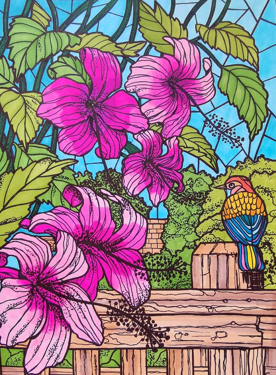 Pink flowers in garden - colorful graphics illustration art in stained glass style