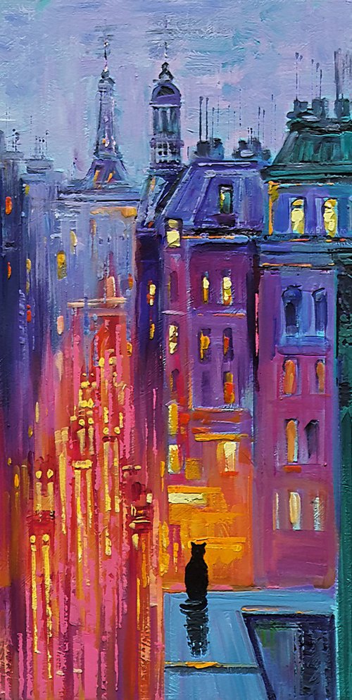 City Cat and Night Lights by Trayko Popov