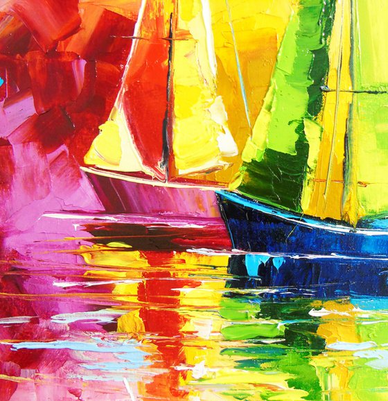Sailboats in the rainbow dawn