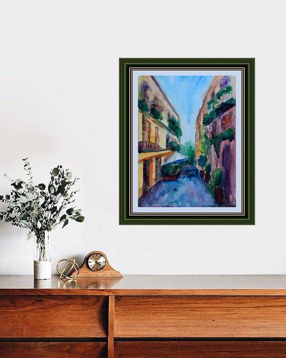 Italy old town original watercolor painting, summer abstract cityscape Europe