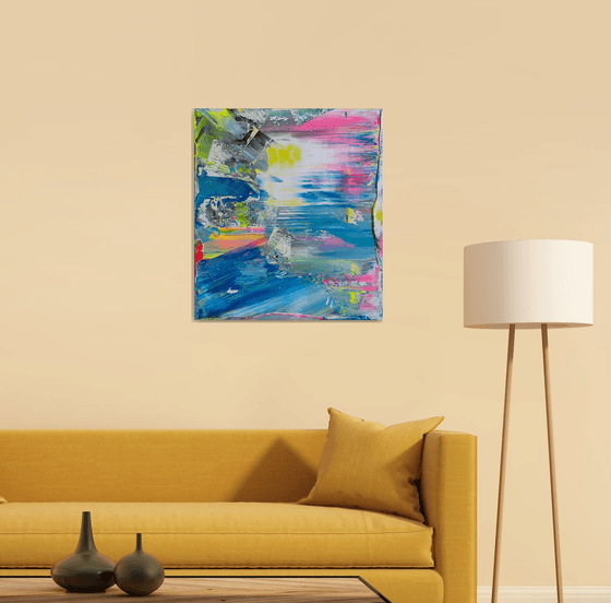 "Like, Everything's Connected Man" - Original PMS Abstract Acrylic Painting On Reclaimed Wooded Desk Panel - 24" x 27"