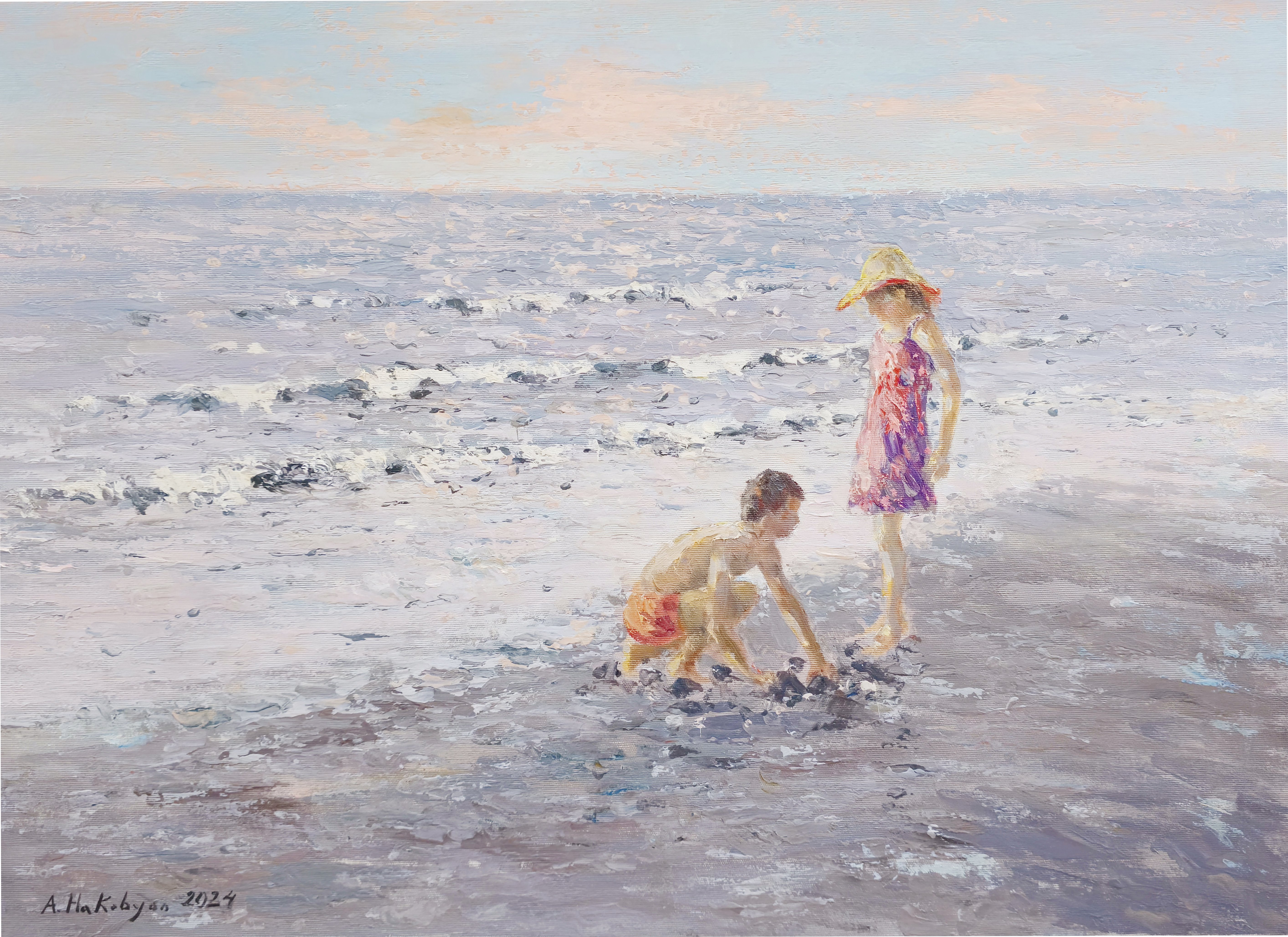 Impressionistic Landscape Oil Painting By Hrachya Hakobyan, 27 X 20, On The Beach- One Of Kind, Original Artwork