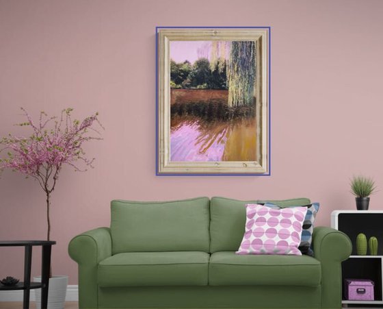 'The Elsham Willow' Large Landscape Oil Painting Summer Trees Lake Reflections