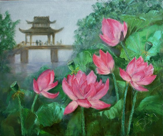 Lotuses in the Park /  Painting created with a palette knife / ORIGINAL PAINTING