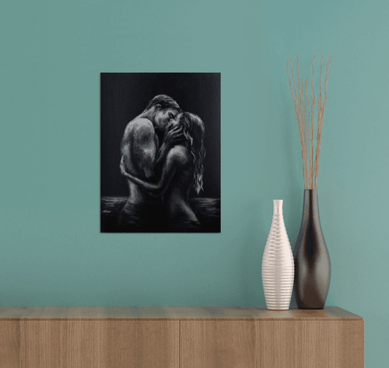 Man and Woman Kissing Couple in Love Black and Silver Minimalistic Art