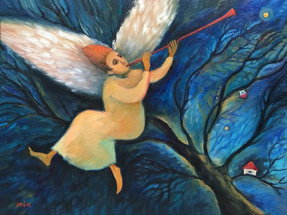 ANGEL - small oil painting with a magic angel in the sky Christmas gift home decor