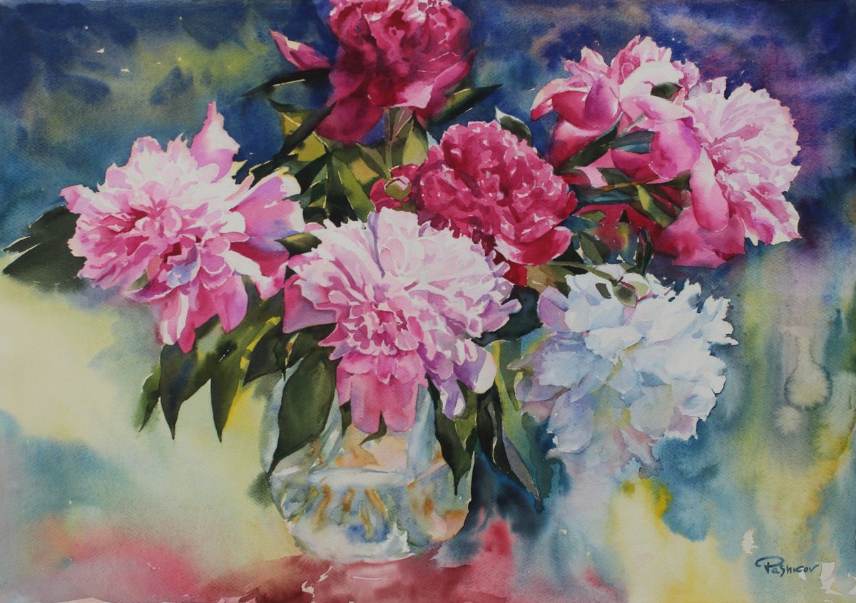 Impressionistic Botanical Watercolour By Yurii Pashkov, 28 X 20", Bouquet#2, Original Artwork