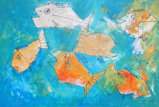wild fishes collage mixed media oil on canvas 47,2 x 31,5 inch