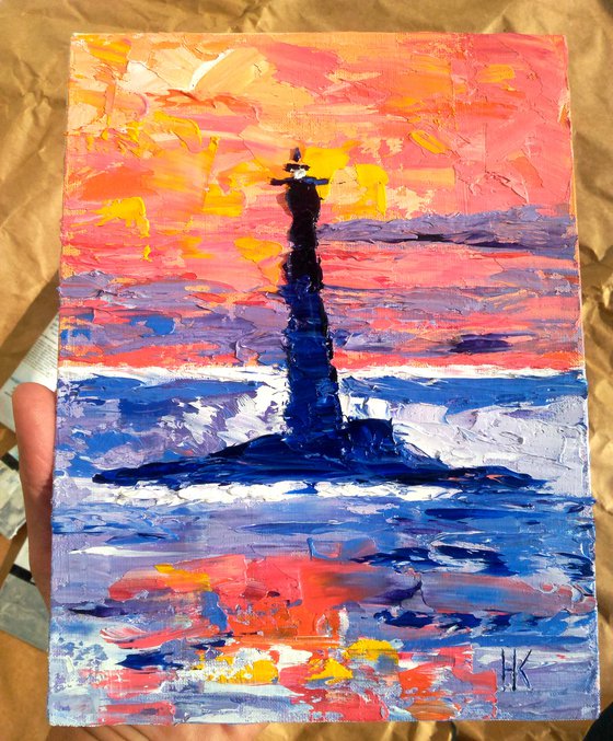 Lighthouse Painting Seascape Original Art Small Oil Impasto Nautical Pallete Knife Artwork Home Wall Art 7 by 9,5" by Halyna Kirichenko