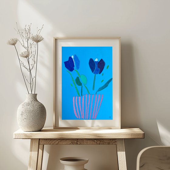 Blue Tulips in Pink Vase