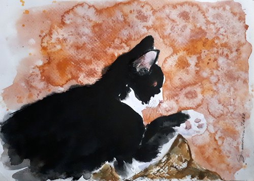 Cat... Autumn day... / FROM THE ANIMAL PORTRAITS SERIES / ORIGINAL WATERCOLOR  PAINTING by Salana Art Gallery