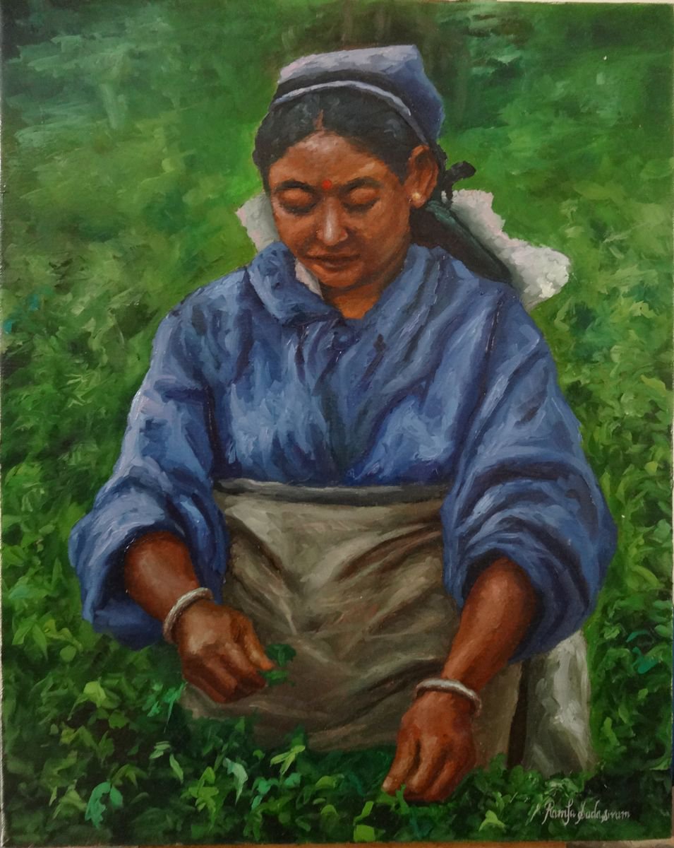 Woman plucking Leaves 2 by Ramya Sadasivam