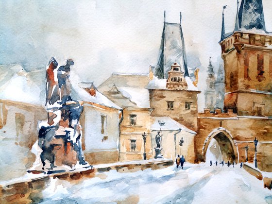 "Bridge in Prague. Winter architectural landscape" Original watercolor painting