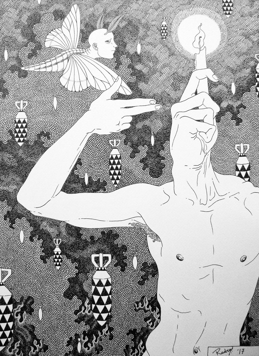 Surrealistic Portrait Ink Drawing By Rudra Kishore Mandal, 12 X 16", Panchamahabhoota 3 - Tejas, Original Artwork