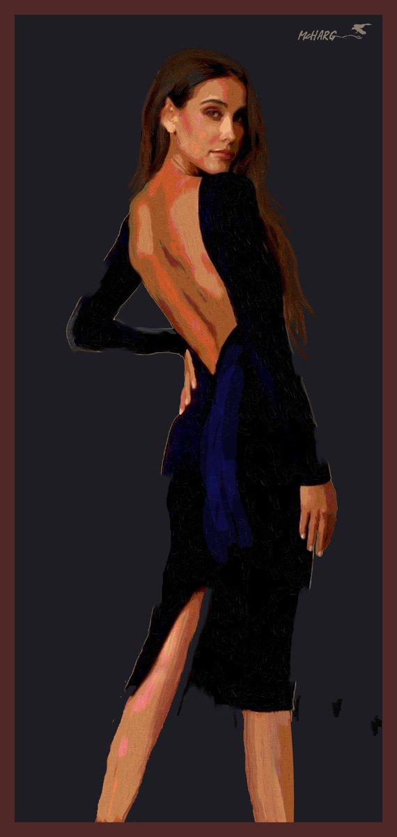 Expressive Portrait Painting By Joe Mcharg, 29 X 60, Little Black Dress #2, Original Artwork