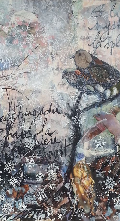 Soulboard : A winter dream landscape - collage and painting - birds by Fabienne Monestier