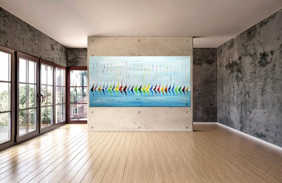 Regatta - XXL  Abstract- Colourfull Sailboat Painting- Large Acrylic Art Canvas Wart Art Ready to hang