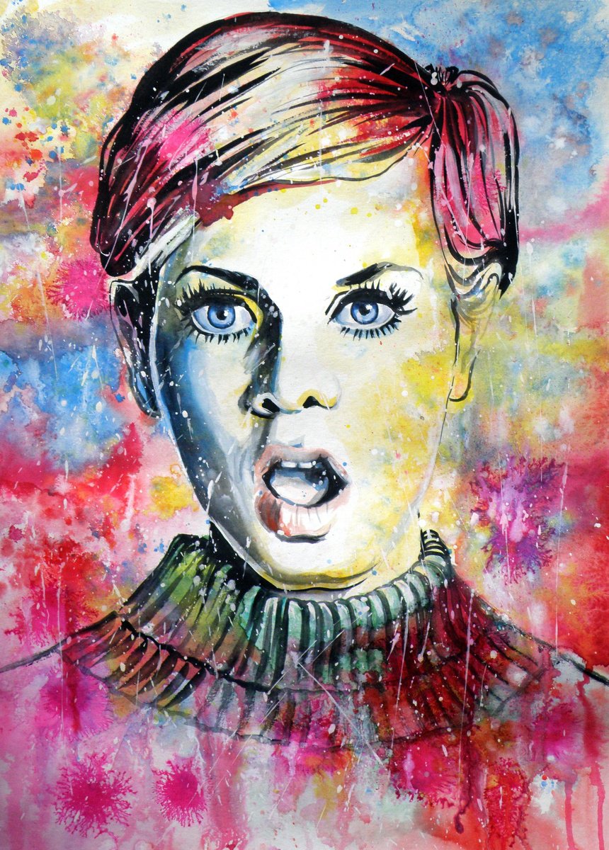 Expressive Portrait Watercolour By Kovacs Anna Brigitta, 30 X 22", Twiggy Ii, Original Artwork