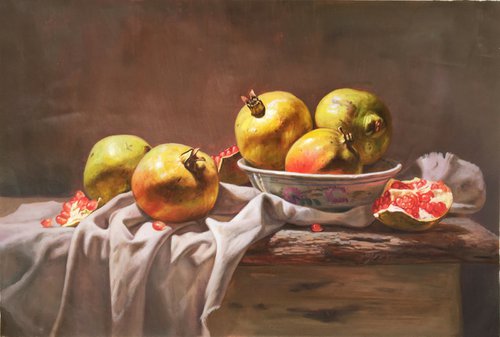Still life:Pomegranates on the table by Kunlong Wang