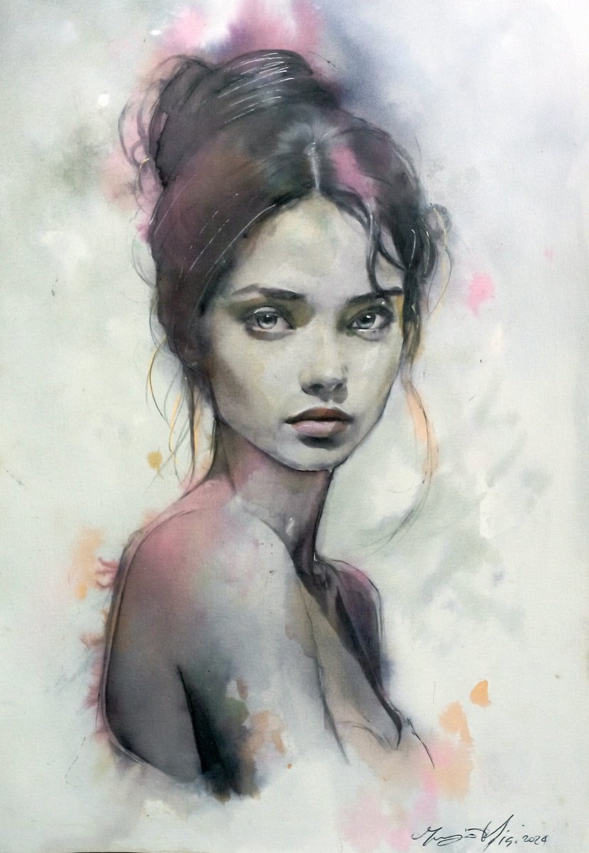 Impressionistic Portrait Ink Drawing By Maurizio Puglisi, 8 X 11", Apple, Original Artwork