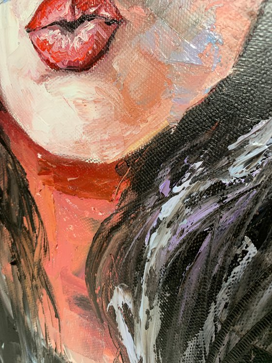 White hat. Woman Lips Portrait. Palette knife, Impasto.