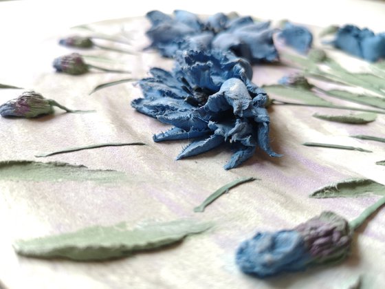 Blue cornflowers on a white background-delicate Botanical bas-relief 25x15x3 cm.