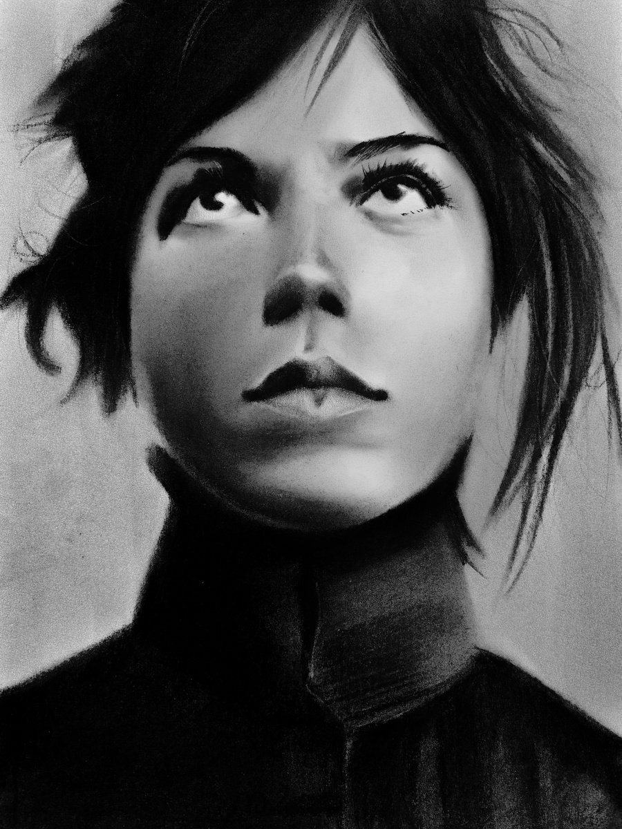 Photorealistic Portrait Charcoal Drawing By Denny Stoekenbroek, 12 X 17, Upward Glance, Original Artwork