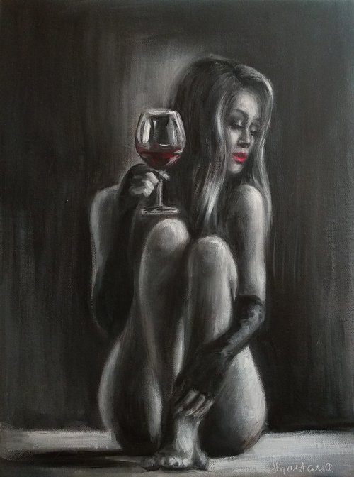 Monochrome Erotic Art Grisaille Portrait Naked Woman with Glass of Red Wine Beautiful Girl Black Art by Anastasia Art Line