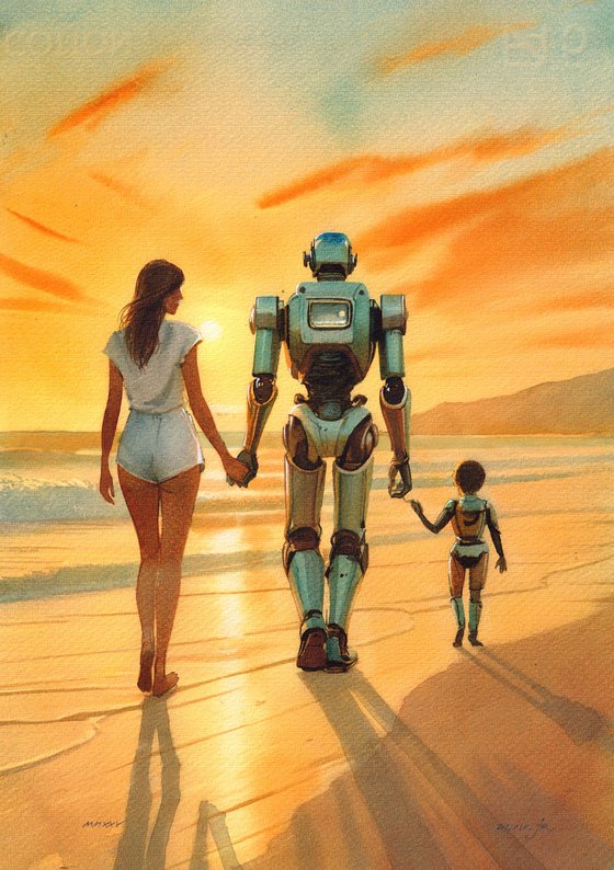2243 year. Family at sunset