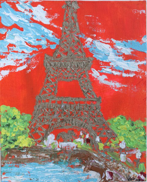 Eiffel Tower - Impressionistic Architectural paintings-non-dominant hand series - acrylic on canvas painting - left hand- palette knife-impasto painting by Vikashini Palanisamy