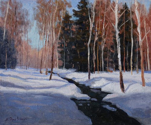 The Forest Brook - original sunny landscape, winter painting by Nikolay Dmitriev