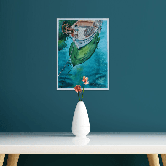 Fishing boat and reflection - original seascape watercolor artwork