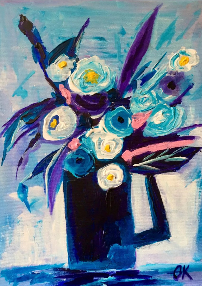 Abstract Botanical Acrylic Painting By Olga Koval, 12 X 16", Blue Collection, Still Life, Original Artwork