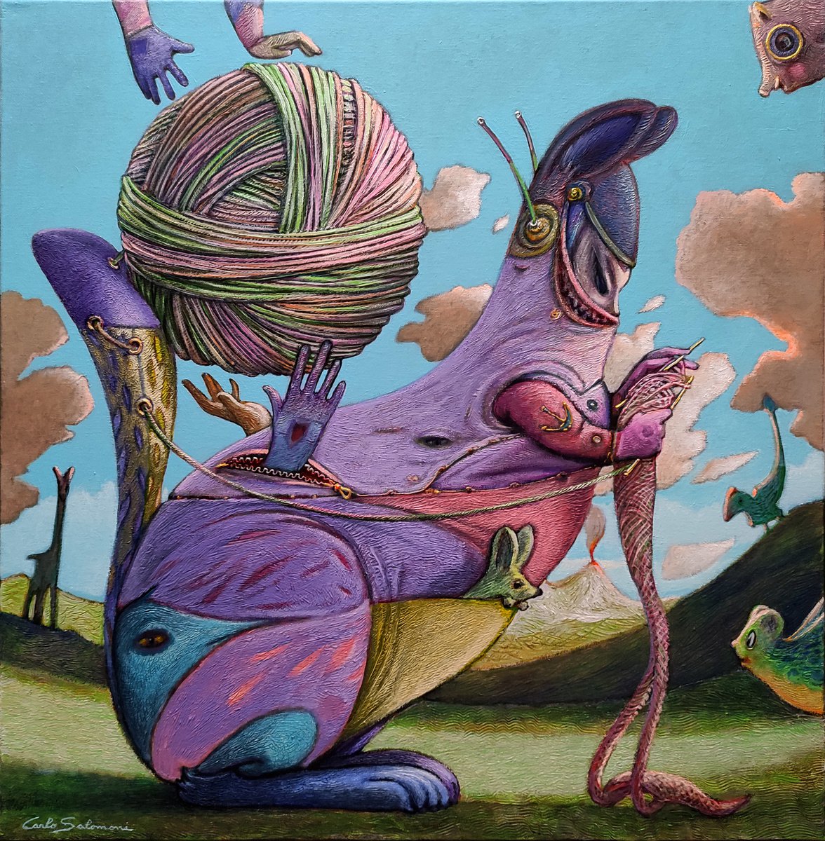 Surrealistic Animal Painting By Carlo Salomoni, 24 X 24, Pure Jurassic Wool, Original Artwork