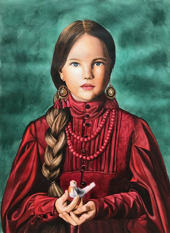 Girl in a red dress with a bird in her hands