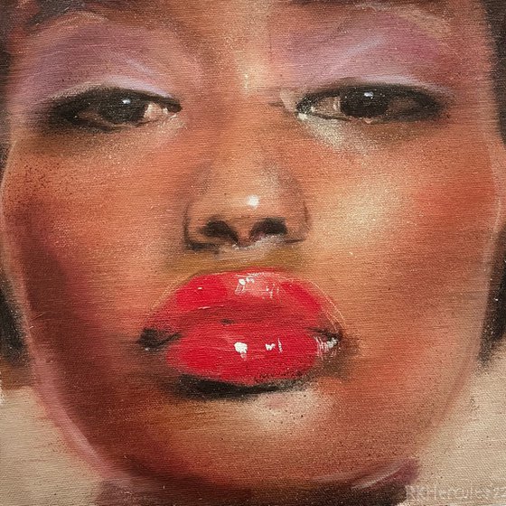 Lisa - beauty oil painting of pretty black women female on canvas with dark pink red lipstick purple eye makeup contemporary portrait lady