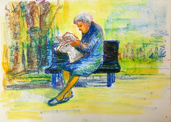 Elderly lady reading newspaper in a park
