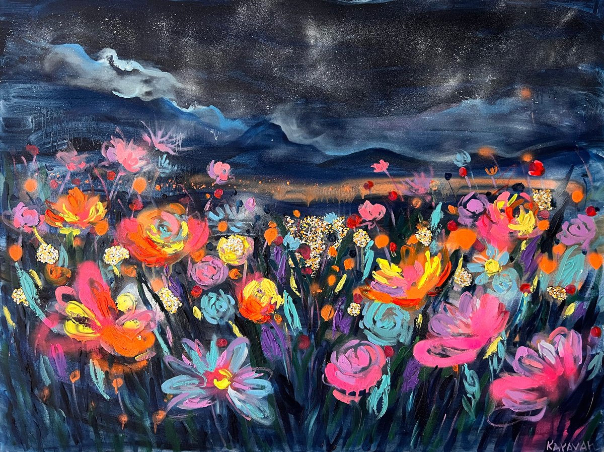 Impressionistic Botanical Oil Painting By Nataliia Karavan, 40 X 30", Midnight Bloom, Original Artwork