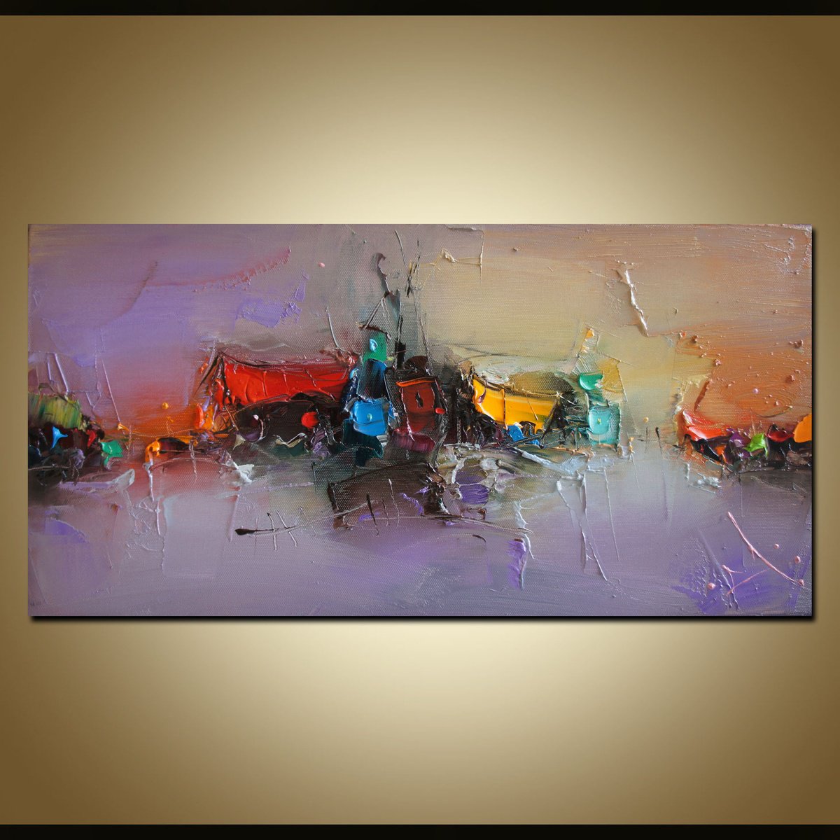 Abstract Landscape Oil Painting By Stanislav Lazarov, 20 X 10", Colorful Shapes, Original Artwork