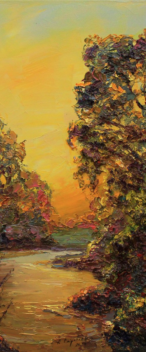 Warm evening sunset near the river by Alisa Onipchenko-Cherniakovska