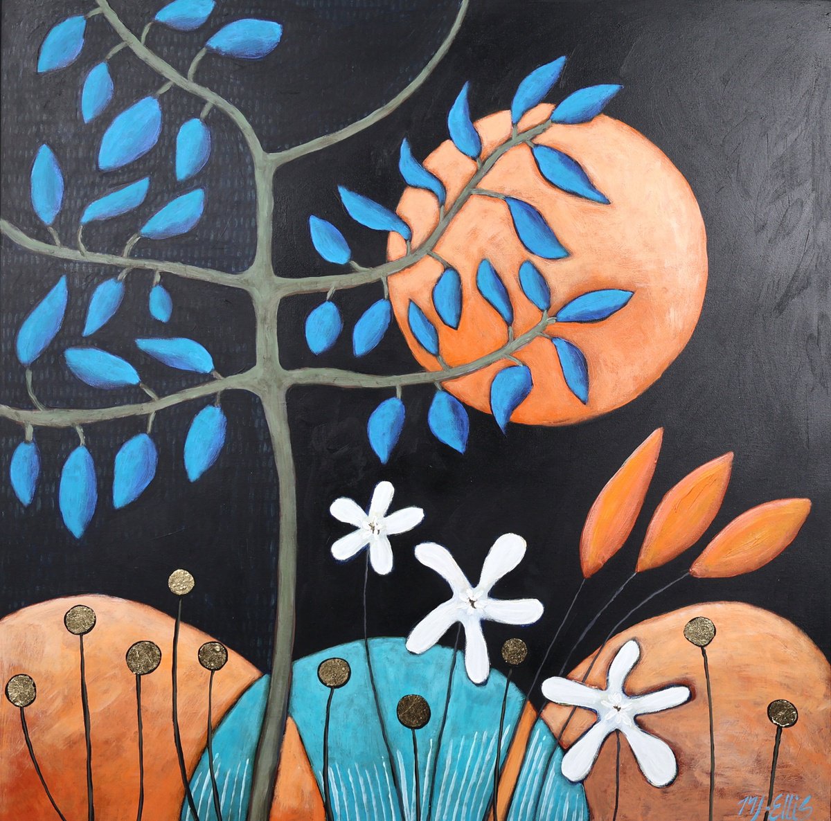 Expressive Landscape Acrylic Painting By Mariann Johansen-Ellis, 30 X 30", Golden Nights, Original Artwork