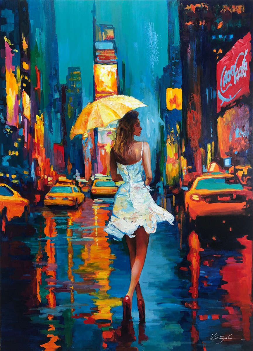 Impressionistic Cityscapes Acrylic Painting By Viacheslav Zaykin, 29 X 39", Evening Sleep.| Romantic Nyc Walk | Umbrella, Artfinder
