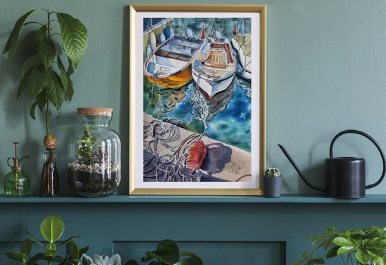 Boats in the port - colorful seascape original watercolor