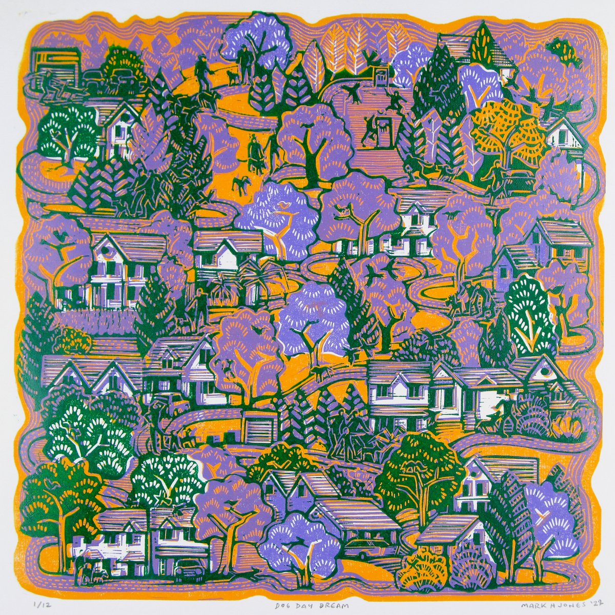 Graphic Linocut , Dog Day Dream By Mark Howard Jones, 17 X 17, Artwork For Sale On Artfinder