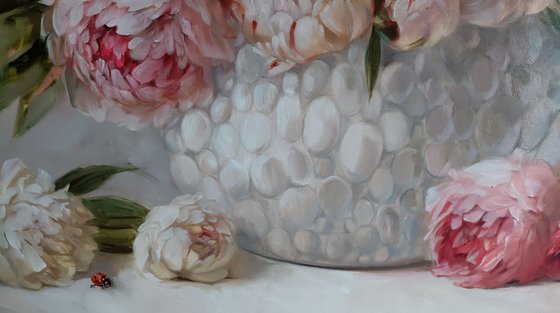 Peony painting, Extra Large floral oil paintings on canvas l, Peony flowers in white vase painting, Wide canvas wall art