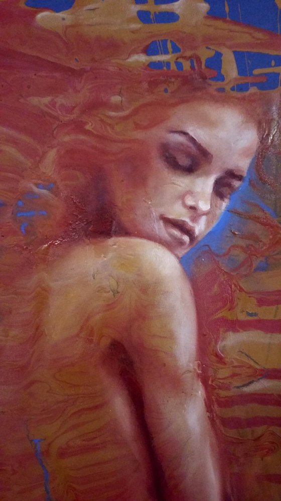 "Promethea" 40x80x2cm, original oil and acrylic large painting on fabric.Ready to hang.