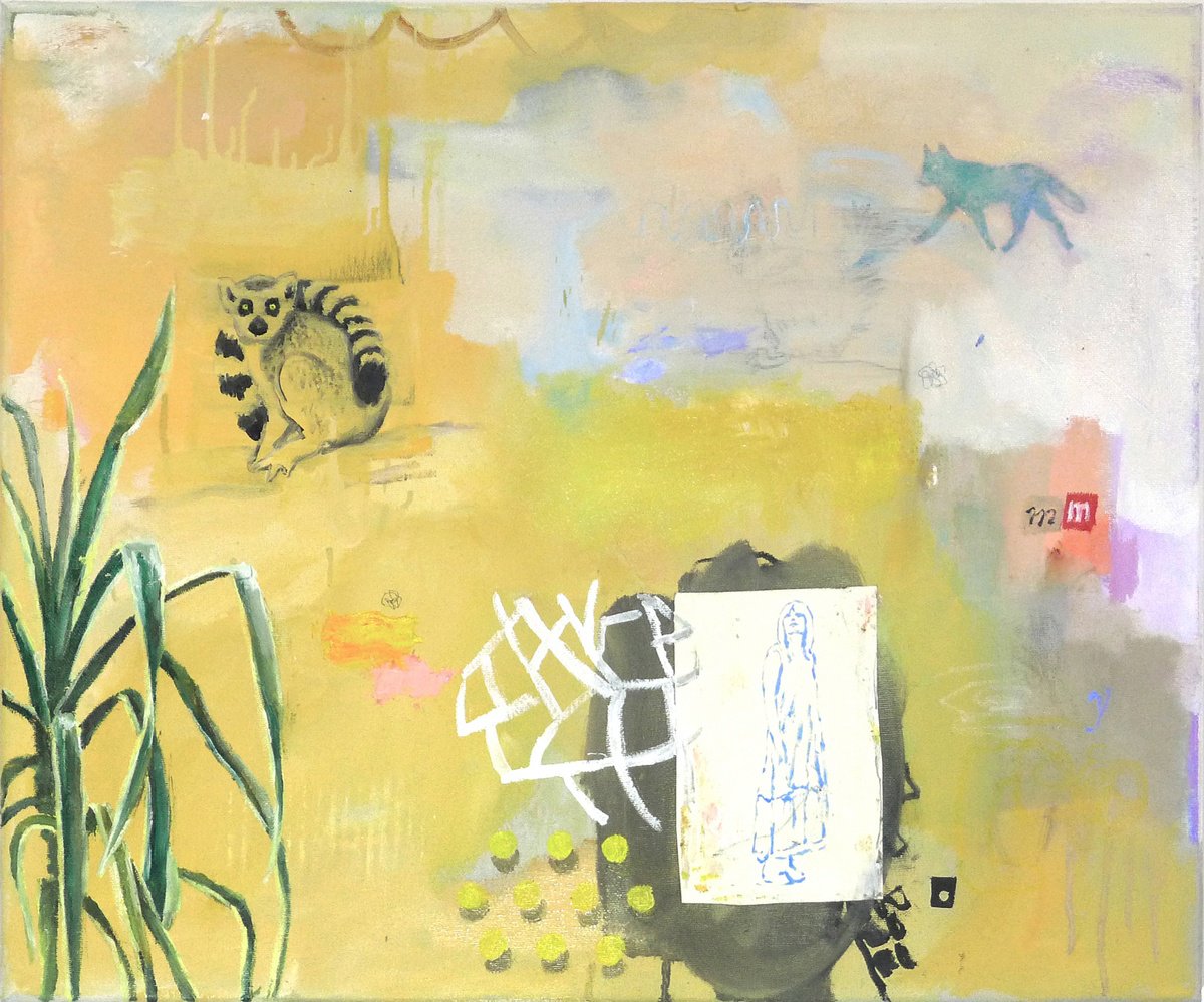 Portrait Oil Painting By Lisa Braun, 24 X 20", A Girl, A Lemur, A Wolf And A Plant, Original Artwork