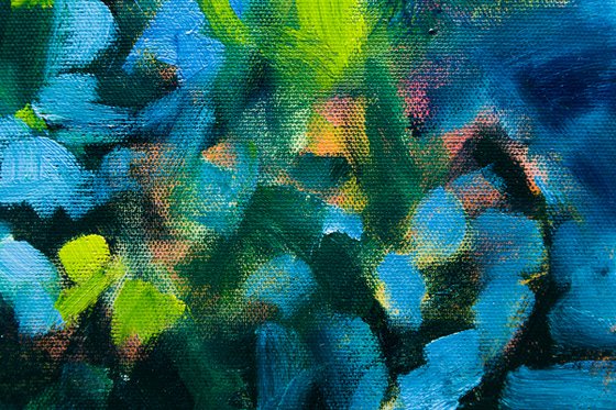 Nocturnal flowering in blue and green - Monet inspired - Modern nature wall art Ready to hang